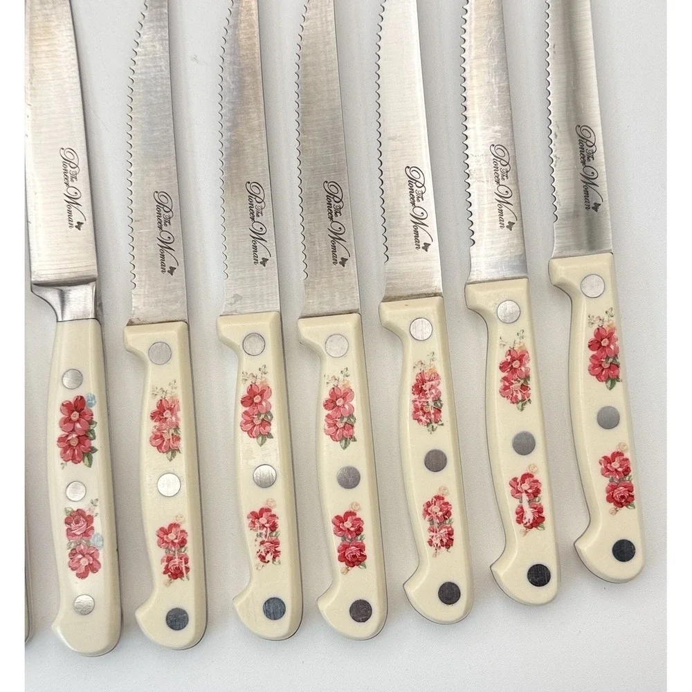 Vtg Pioneer Woman Floral 14-Piece Cutlery Kitchen Set Wood Block Retired #5617